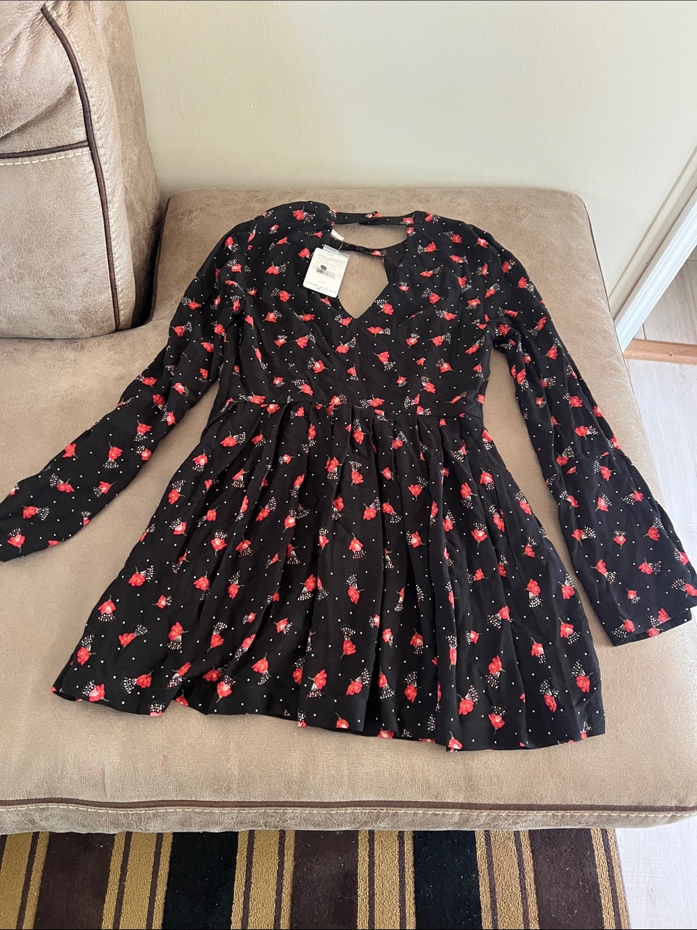 Free People Black Blouse with Red Floral Print